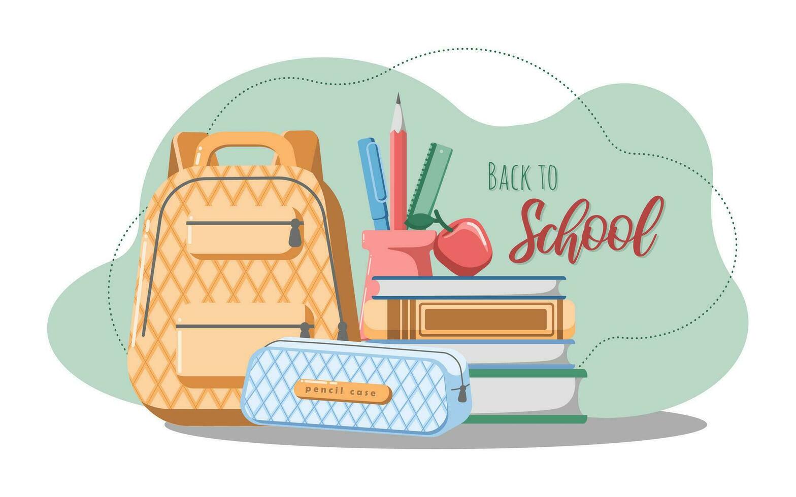 Back to school vector composition. Schoolbag with education items, supplies, books, lettering and a apple. Illustration for school start, cards, banners, flyers, invitation, blog, wrapping paper