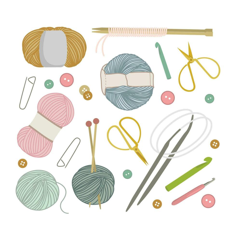 A set of various crochet and knitting tools. Color vector flat illustration isolated on white background. Knitting scissors, pins, crochet hooks, knitting needles, and skeins of thread.