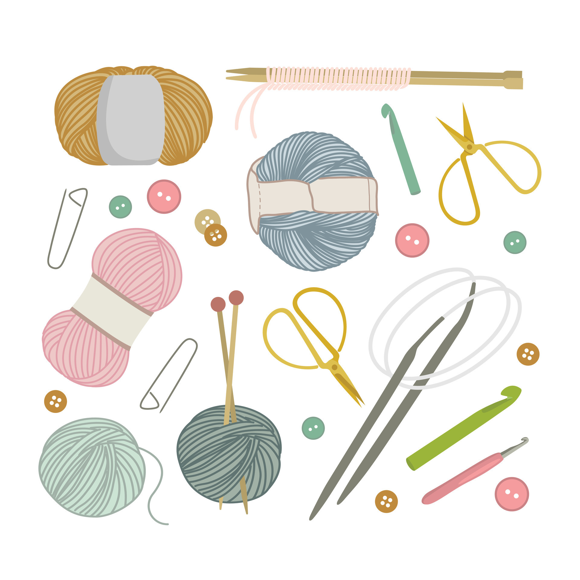 A set of various crochet and knitting tools. Color vector flat illustration  isolated on white background. Knitting scissors, pins, crochet hooks,  knitting needles, and skeins of thread. 25948387 Vector Art at Vecteezy