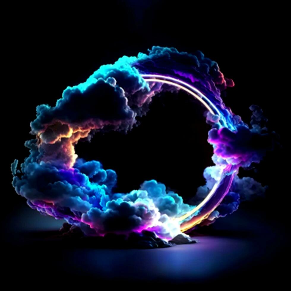 3d render, abstract cloud illuminated with neon light ring on dark night sky photo