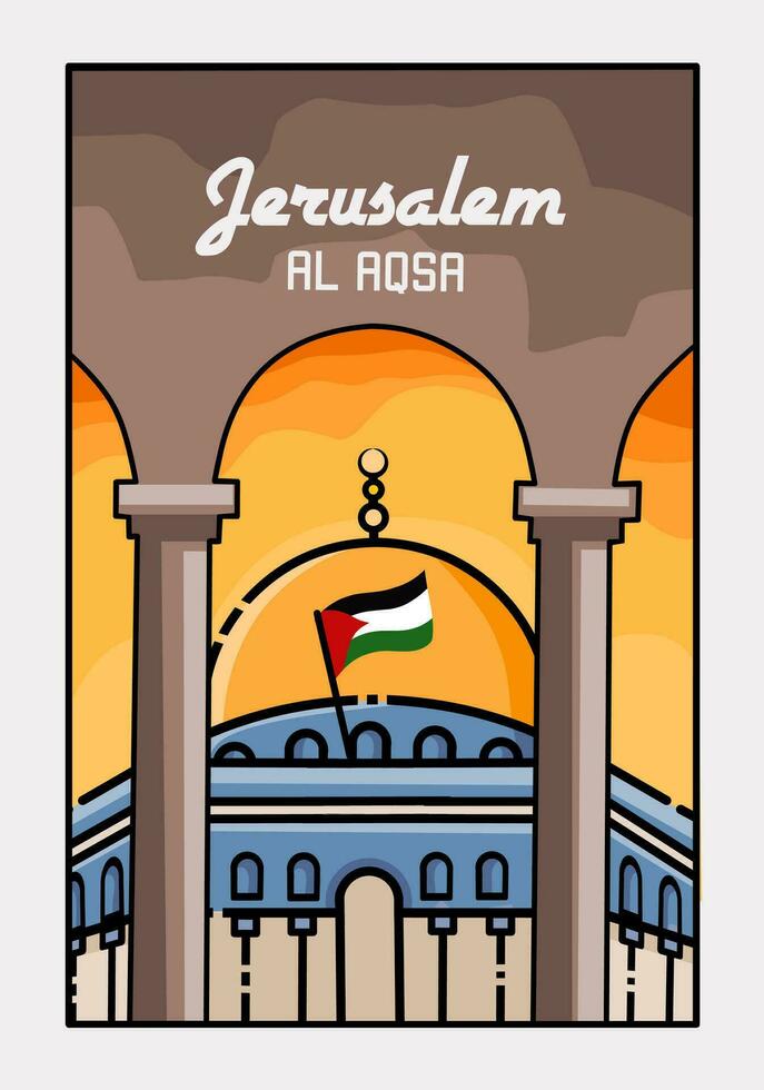 vector of al aqsa mosque scenery in sunset, free palestine campaign poster,