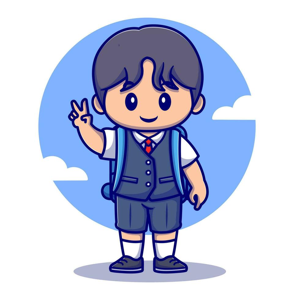 Cute boy with peace sign wearing school uniform cartoon vector icon illustration