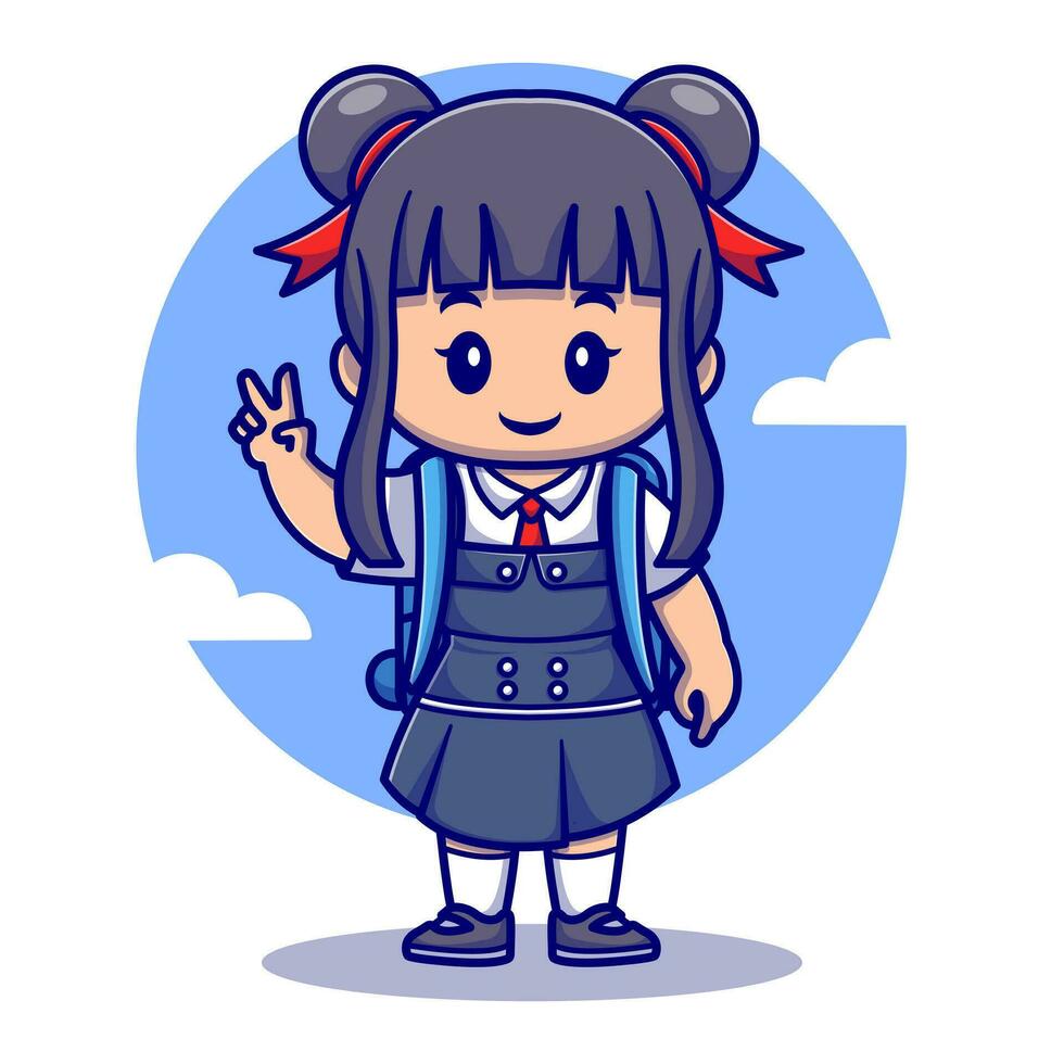 linda niña con paz firmar vistiendo colegio uniforme dibujos animados vector icono ilustración