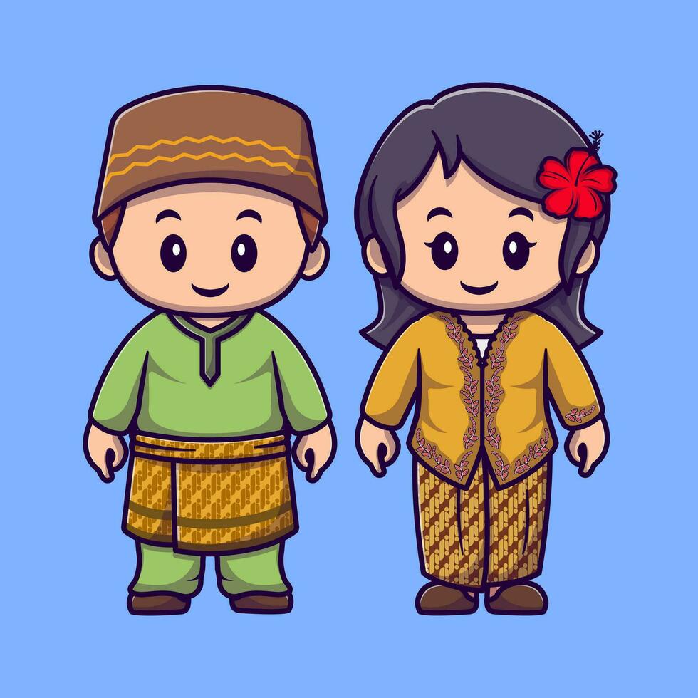 Cute boy and girl wearing malaysian traditional clothes cartoon vector icon illustration