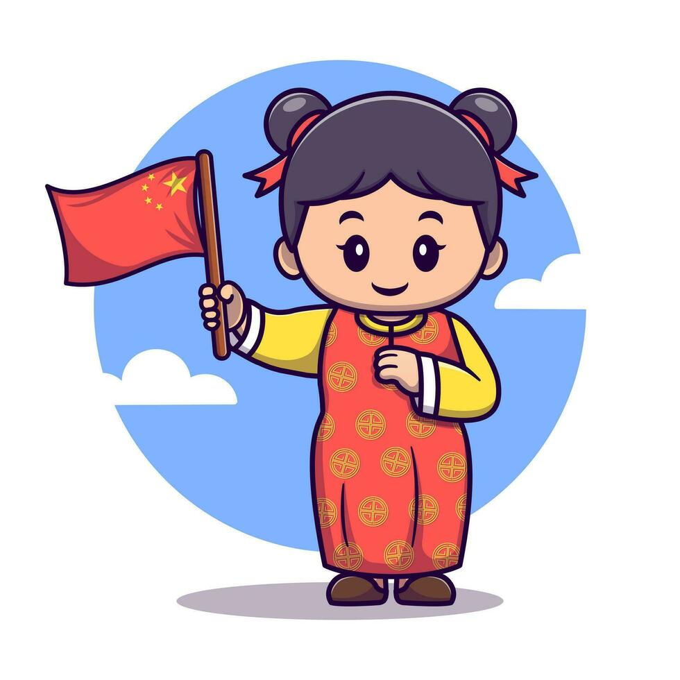 Cute girl wearing traditional clothes and holding chinese flag cartoon vector icon illustration