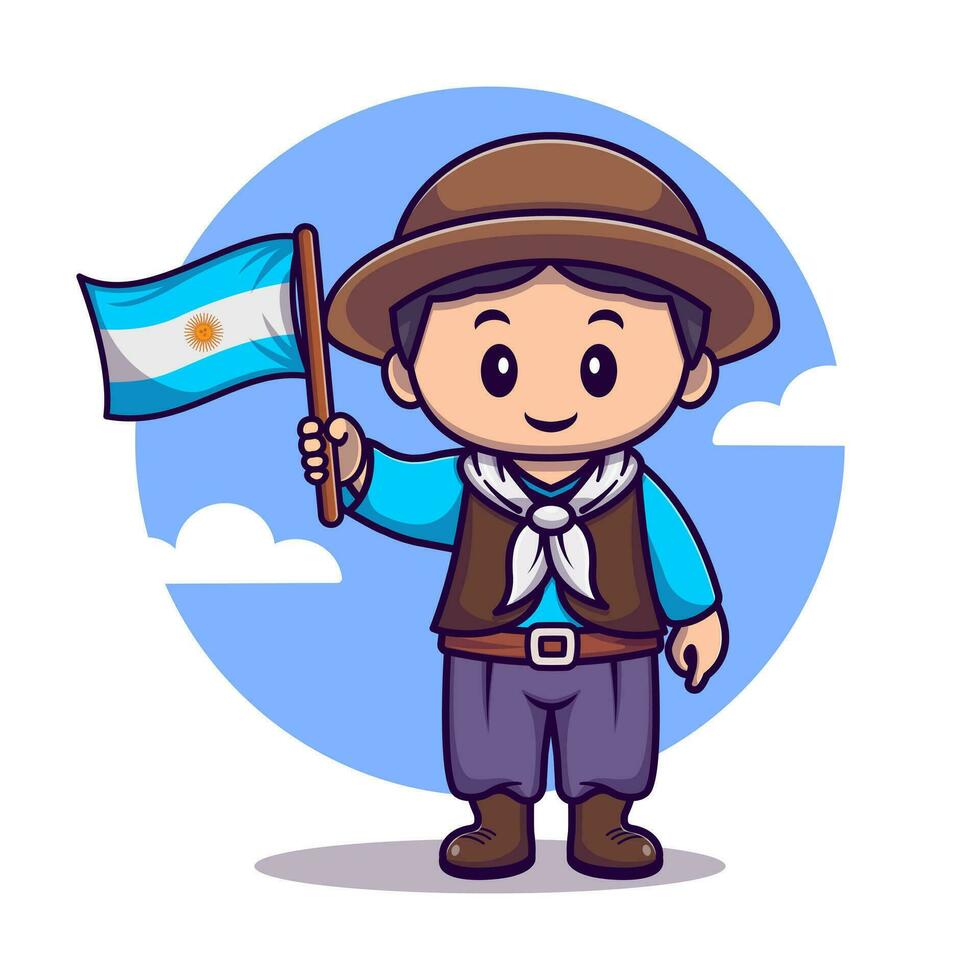 linda chico vistiendo tradicional vestir y participación argentina bandera dibujos animados vector icono ilustración