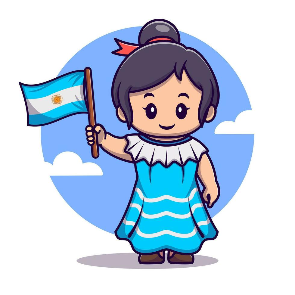 Cute girl wearing traditional clothes and holding argentina flag cartoon vector icon illustration