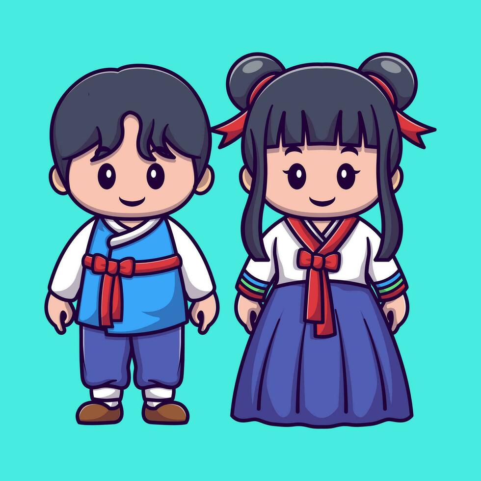 linda chico y niña vistiendo coreano tradicional ropa dibujos animados vector icono ilustración