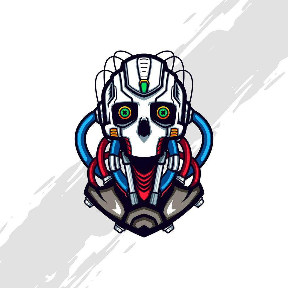 Cyberpunk Skull Robot with Blue and Red Injected Liquid and Cable vector