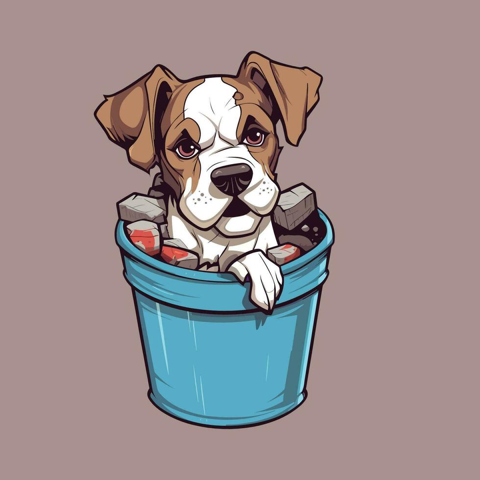 happy pitbull dog inside trash can vector illustration