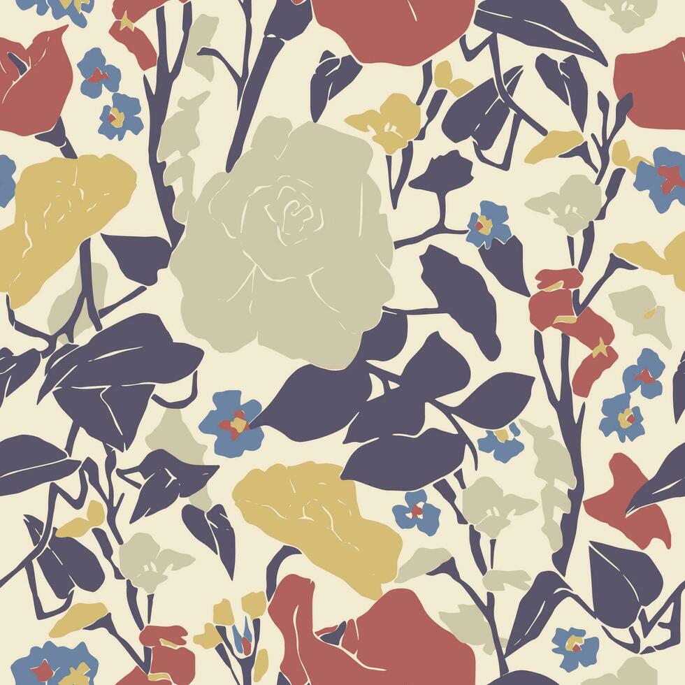 Vector flower and leaf illustration motif seamless repeat pattern