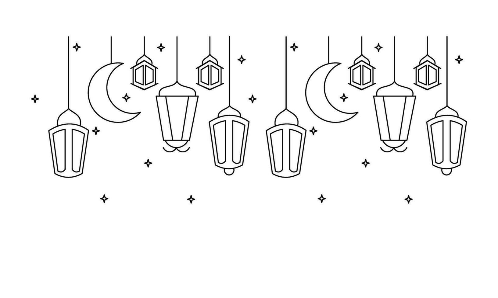 Arabic traditional Ramadan Kareem eastern lanterns . Muslim ornamental hanging lanterns, stars and moon vector illustration. Muslim holiday lantern traditional. Outline lanterns.