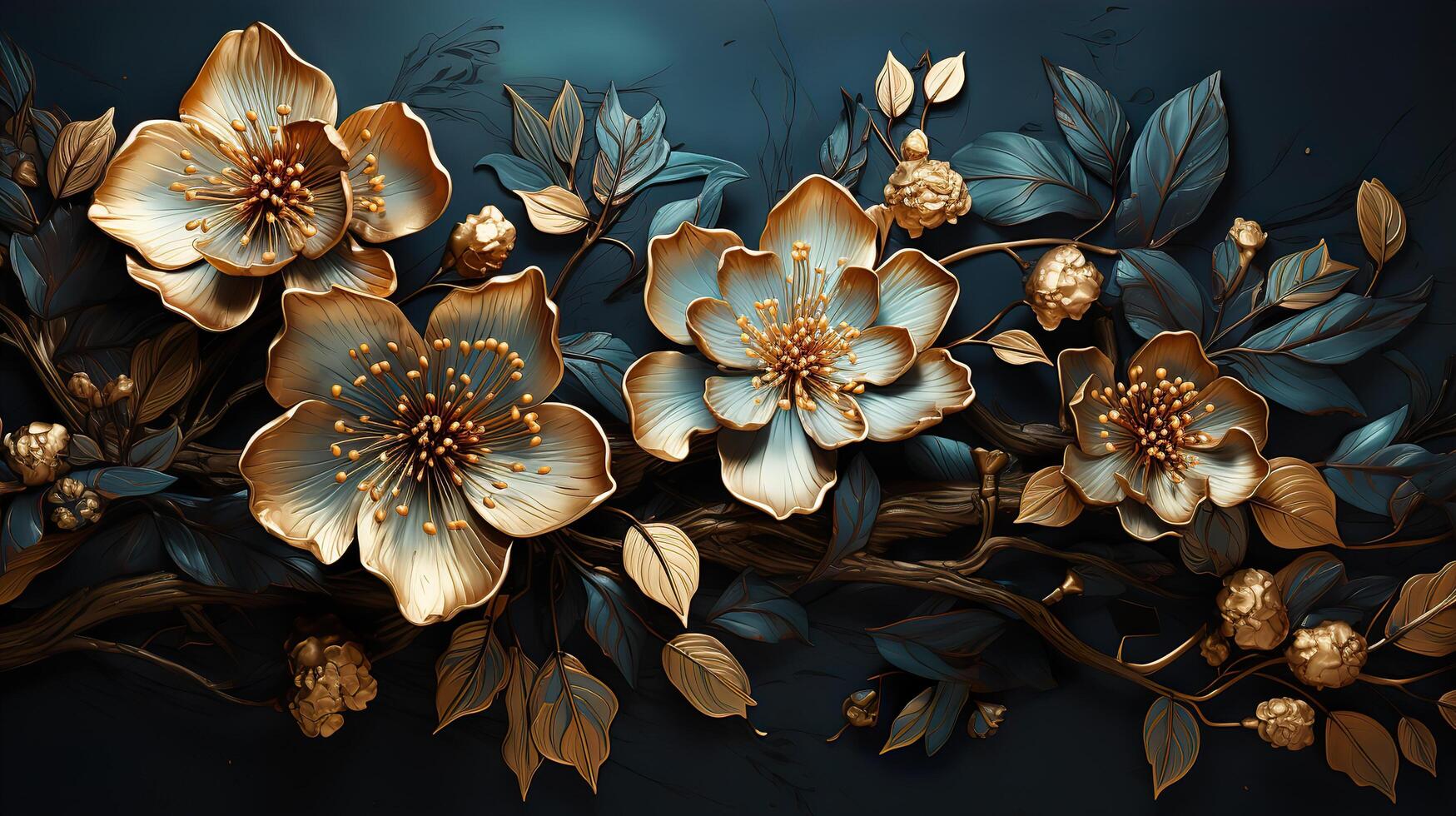 3D Gold Plated Flower in Cyan Blue Aesthetic Background AI Generated photo