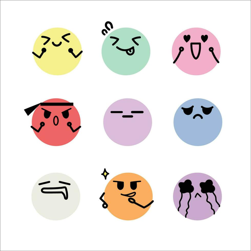 Emoji set, Faces emotions, expressive faces, Kawaii cute faces, Flat design, Pastel icons,  and Vector illustration icons set