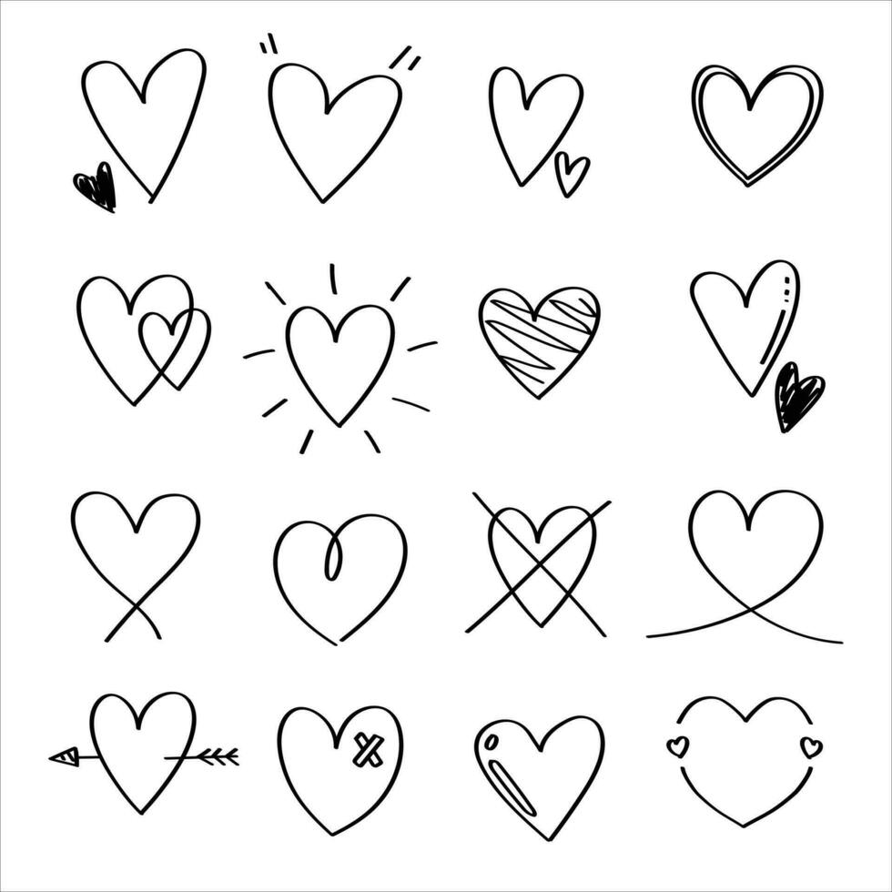 Hand drawn hearts in a doodle style, a collection of love symbols, simple designs, and vector illustrations.
