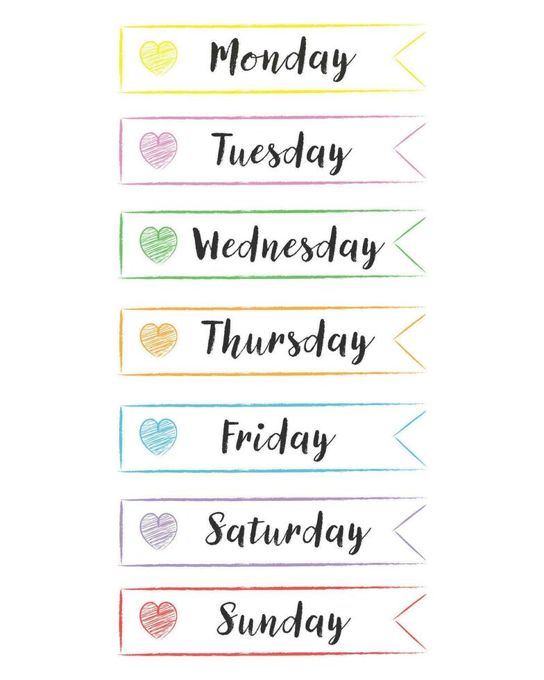 7 Days of the week, handwritten, Week concept, Set of Every Day, Calendar, schedule, symbol, icons flat design, and Vector illustration