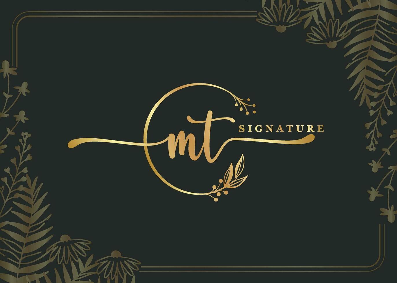 luxury gold signature initial MT logo design isolated leaf and flower vector