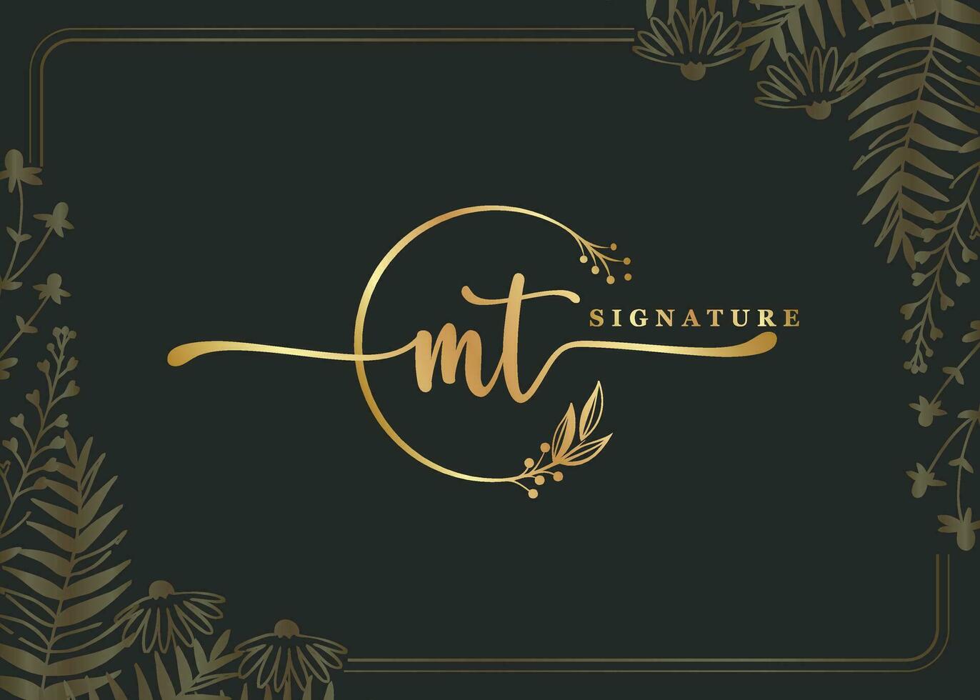 luxury gold signature initial MT logo design isolated leaf and flower vector