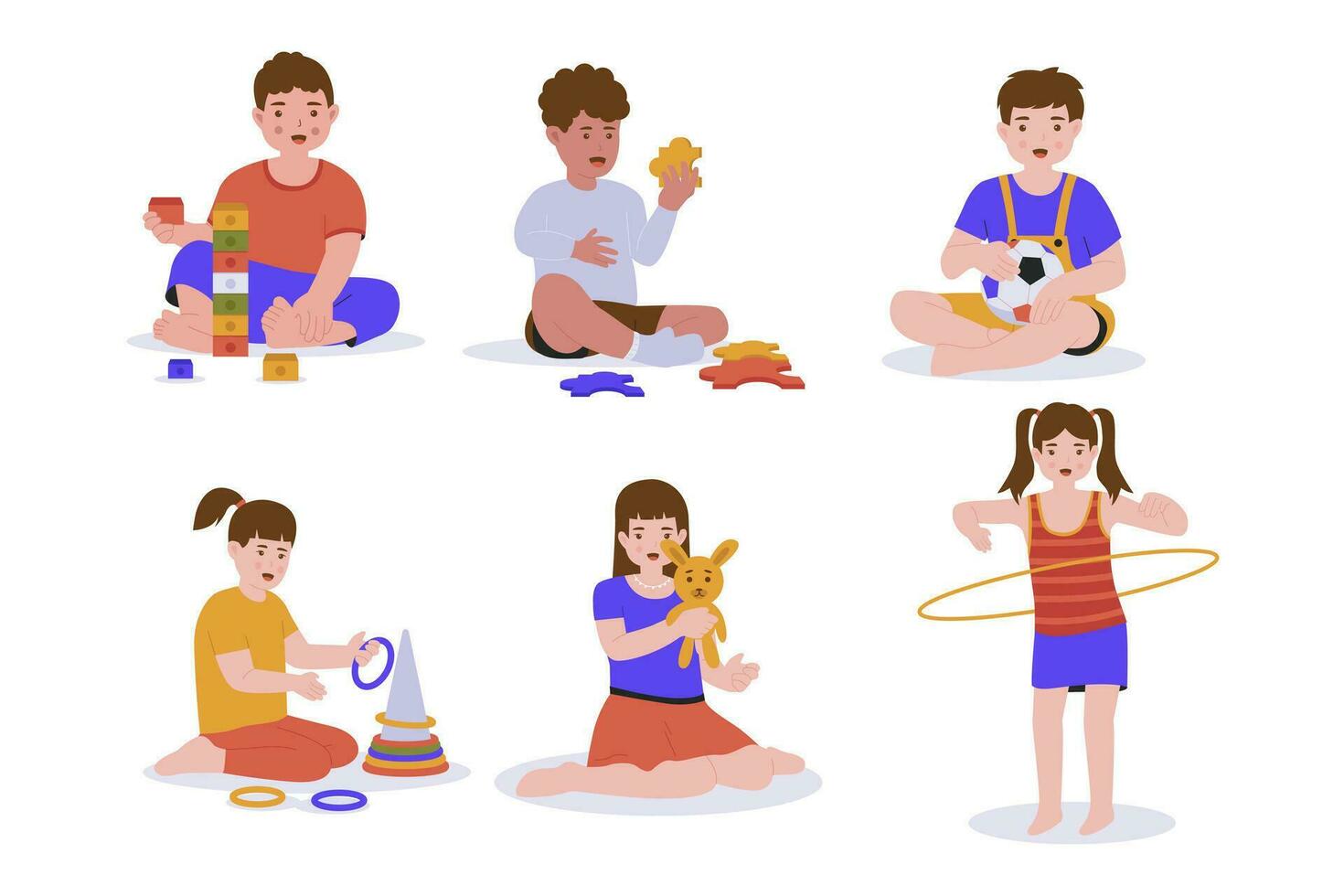 Cute character children playing toys set vector