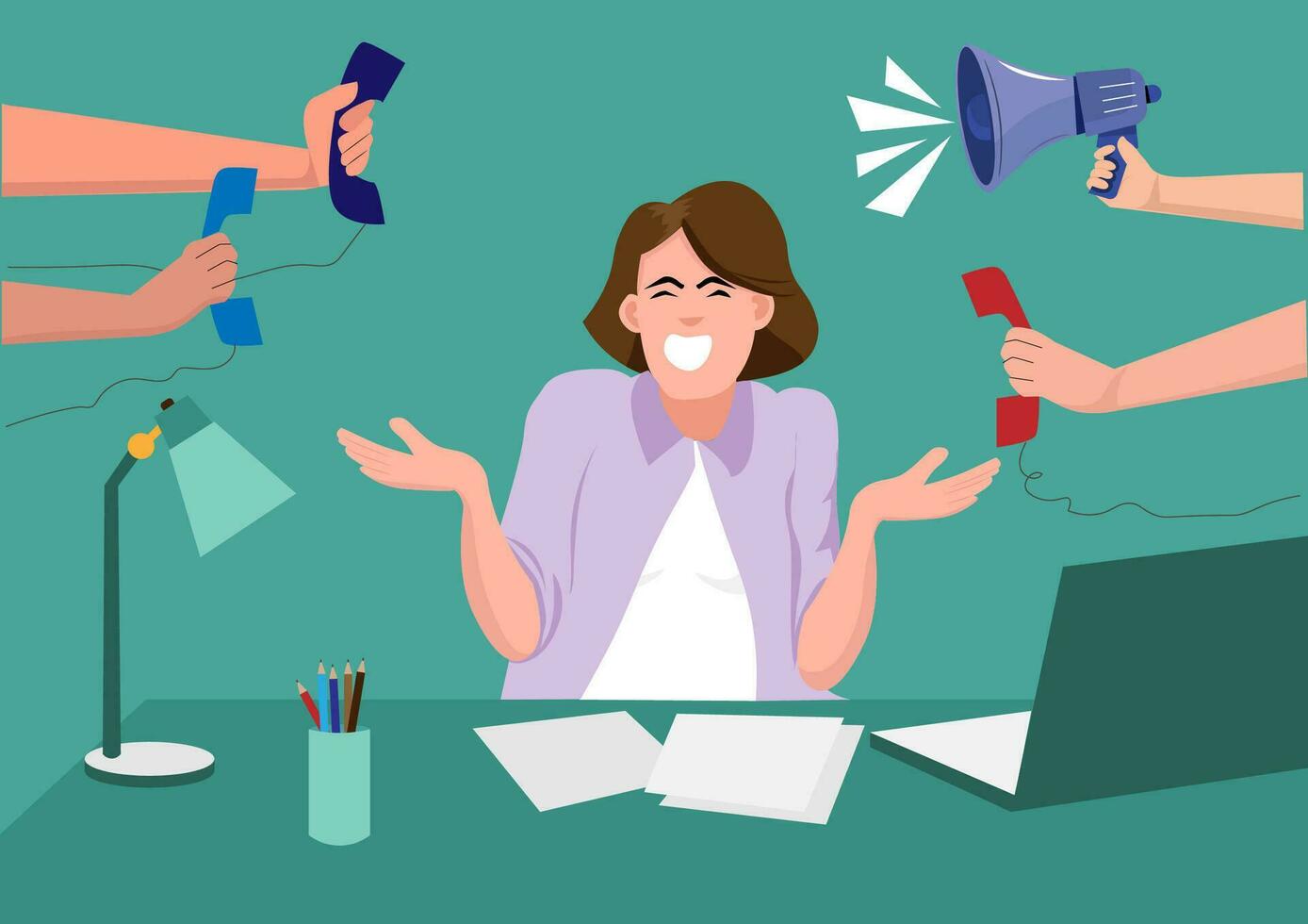 Woman working in an office at a desk with a human hand holding a customer phone line and a work order megaphone. Makes her very stressed out. vector illustration
