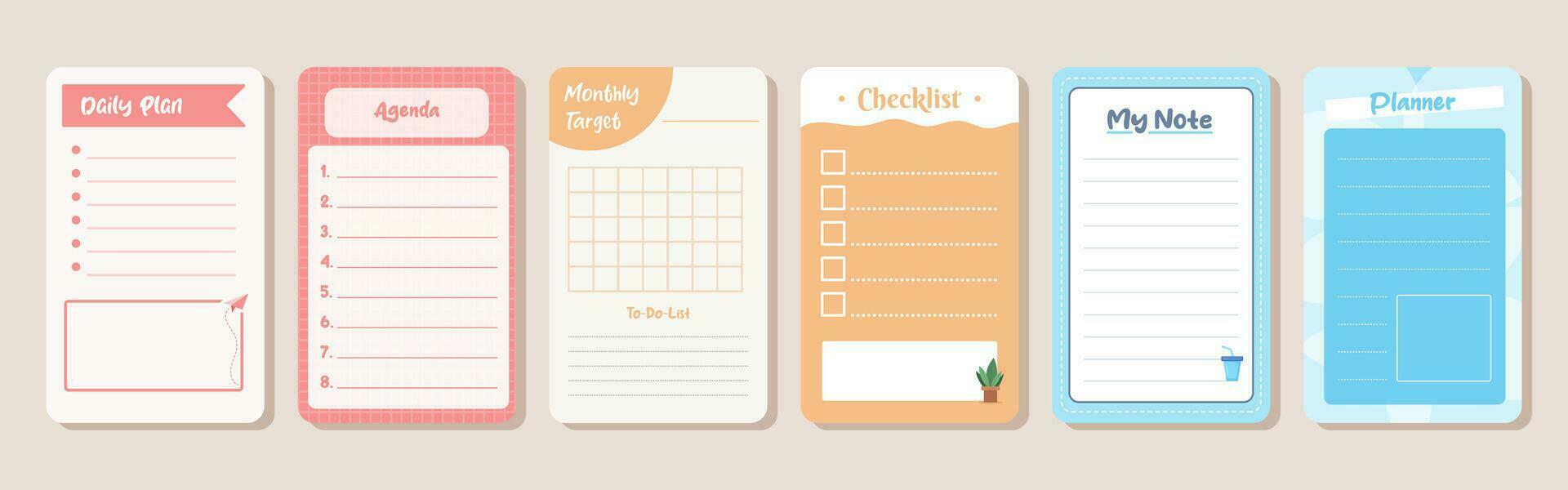 Set of planners and to do list with home interior decor illustrations. Template for agenda, schedule, planners, checklists, notebooks, cards and other stationery. vector