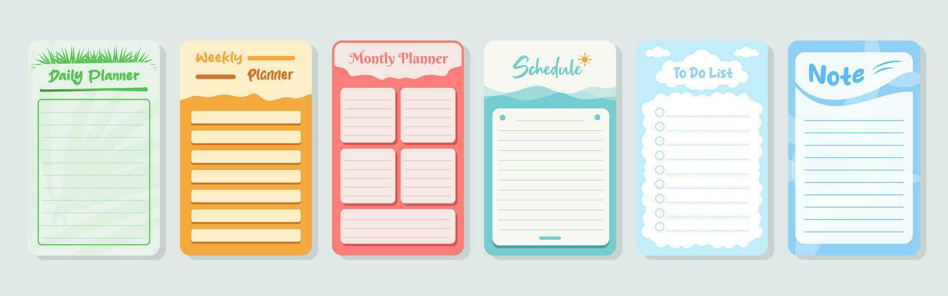 conjunto de planificadores y a hacer lista con hogar interior decoración ilustraciones. modelo para agenda, cronograma, planificadores, listas de control, cuadernos, tarjetas y otro papelería. vector