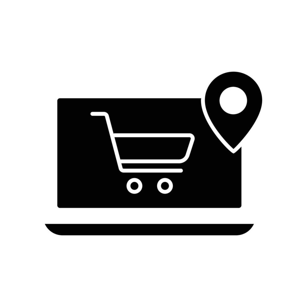 Online shop location glyph icon. Contains icon laptop with trolley and map. icon illustration related to e commerce shop. Simple vector design editable. Pixel perfect at 32 x 32