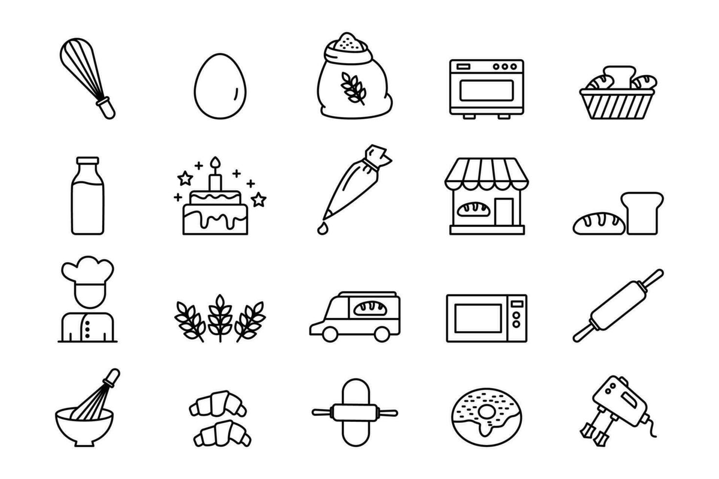 panadería conjunto icono. contiene elemento de panadería icono, batidor, horno, panadero, pan, mano mezclador y más. línea icono estilo diseño. sencillo vector diseño editable