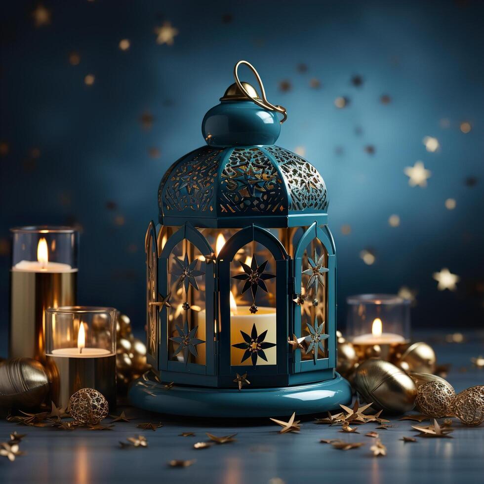 3D Mosque Islamic pattern background with hanging lanterns photo