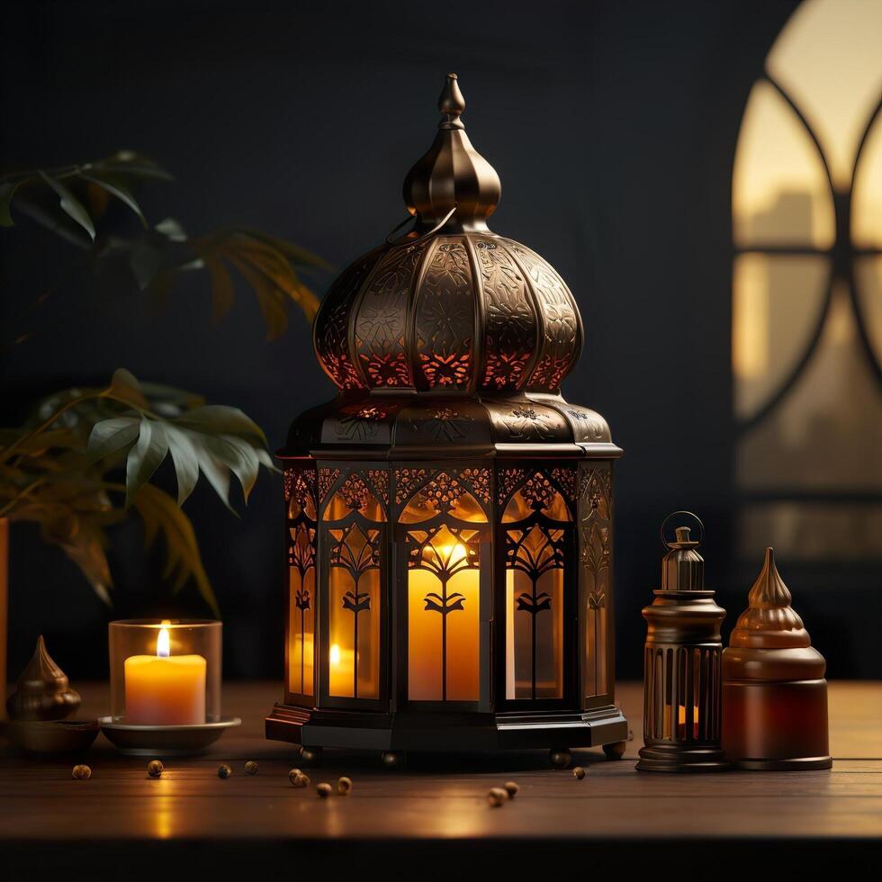 3D Mosque Islamic pattern background with hanging lanterns photo