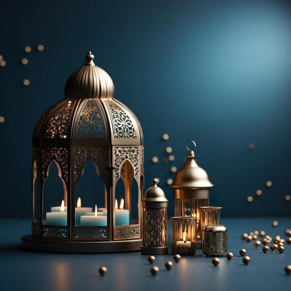 3D Mosque Islamic pattern background with hanging lanterns photo