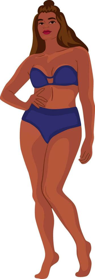 Body positive female model in underwear. African woman standing in swimsuit. A concept of self love and acceptance. vector