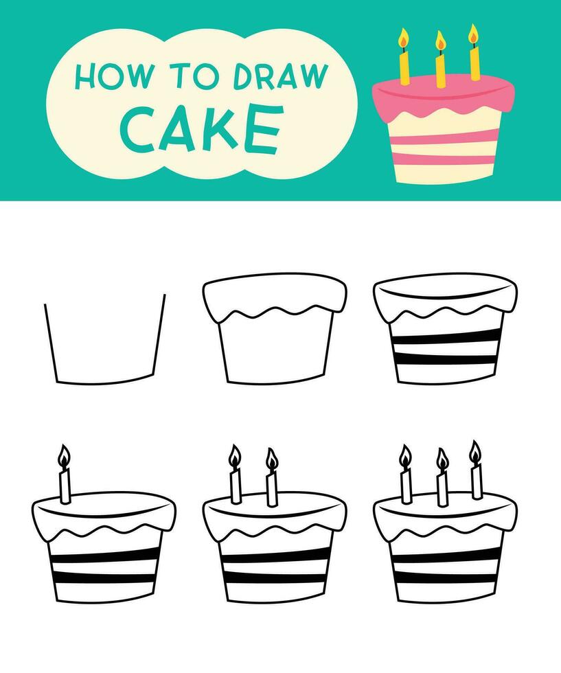 How to draw cute cake cartoon step by step for kid and colouring book vector