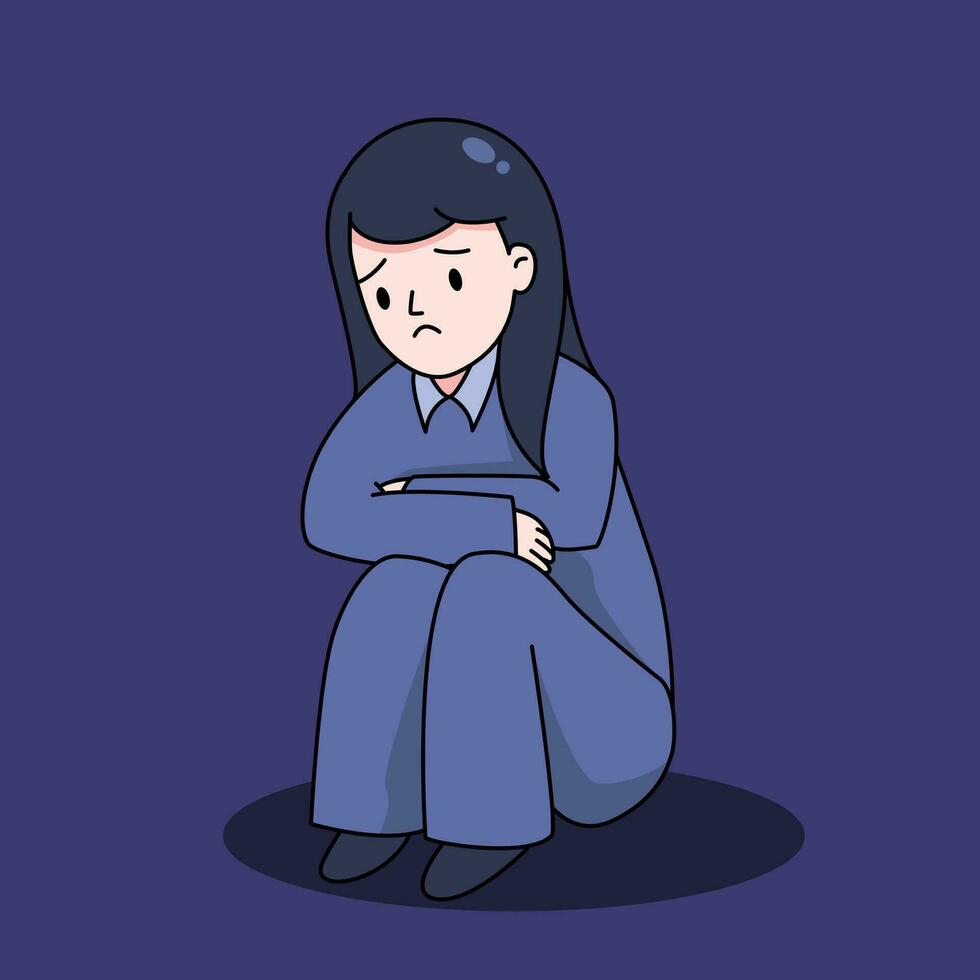 Depressed woman sitting on the floor and hugging knee. Mental health, anxiety, alone and sadness vector