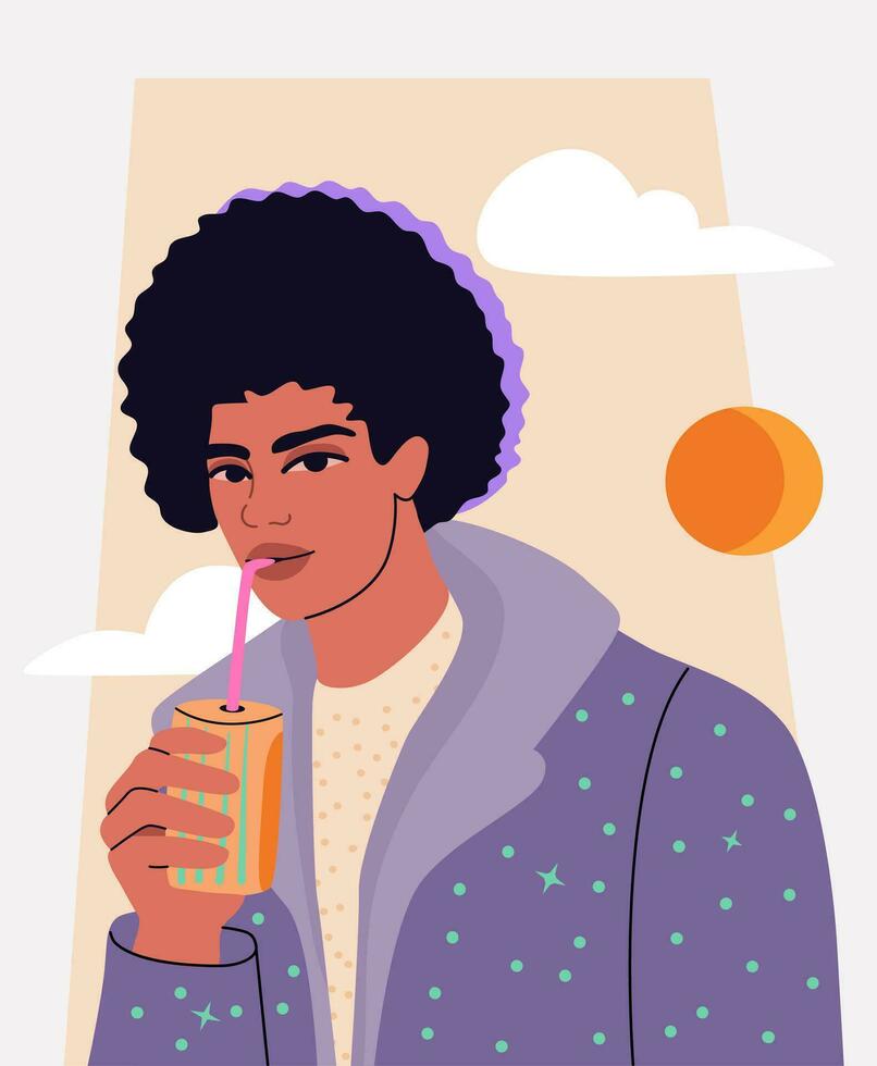 Handsome African man, drinking a soft drink through a straw. Cartoonish portrait of a guy with natural Afro hair. Retro futuristic poster. vector