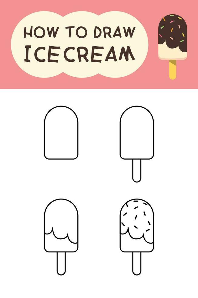 How to draw cute ice cream cartoon step by step for kid and colouring book vector