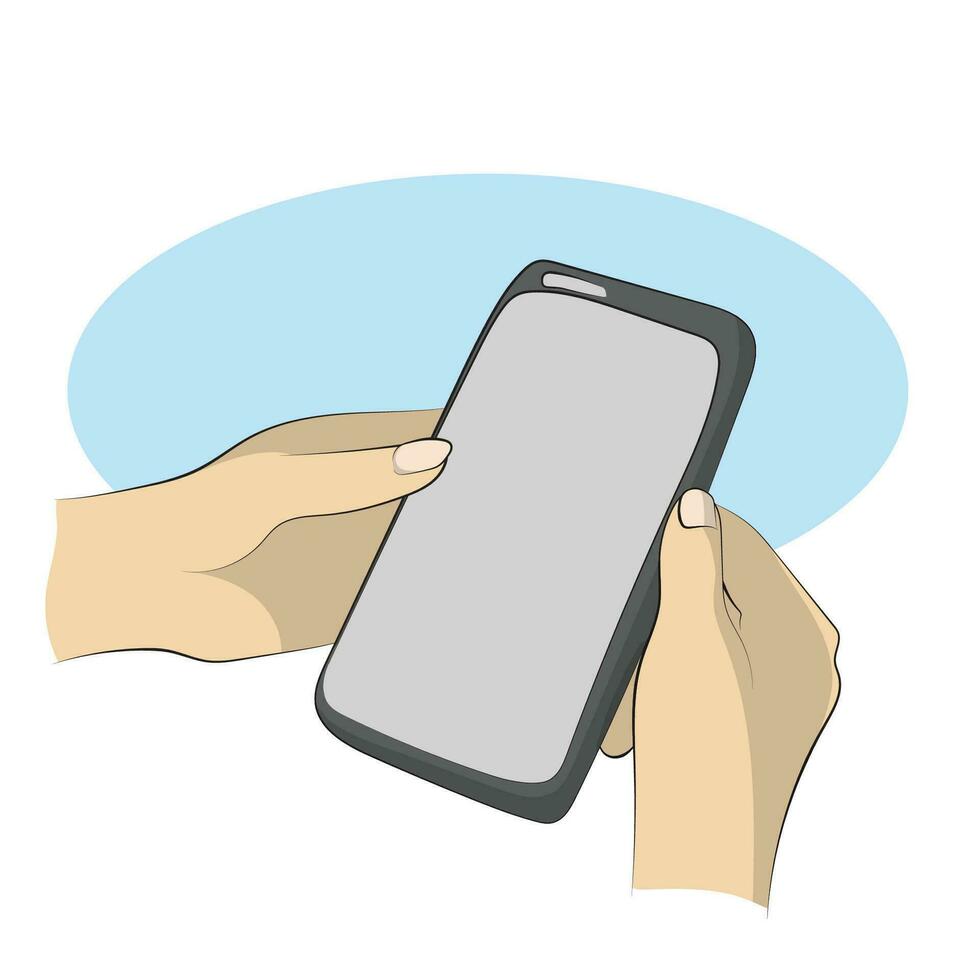 closeup hand holding smart phone with blank screen illustration vector hand drawn isolated on white background line art.