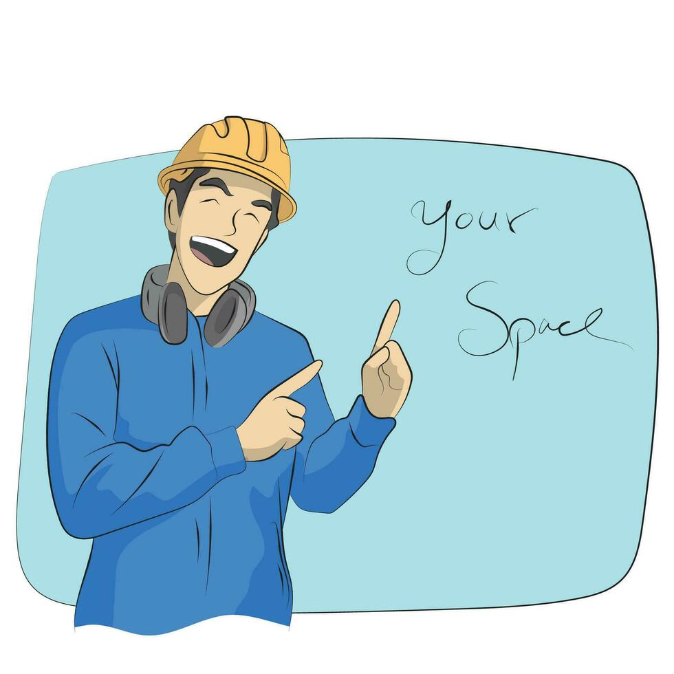 half length of smiling repairman with hard hat pointing on blank space illustration vector hand drawn isolated on white background line art.