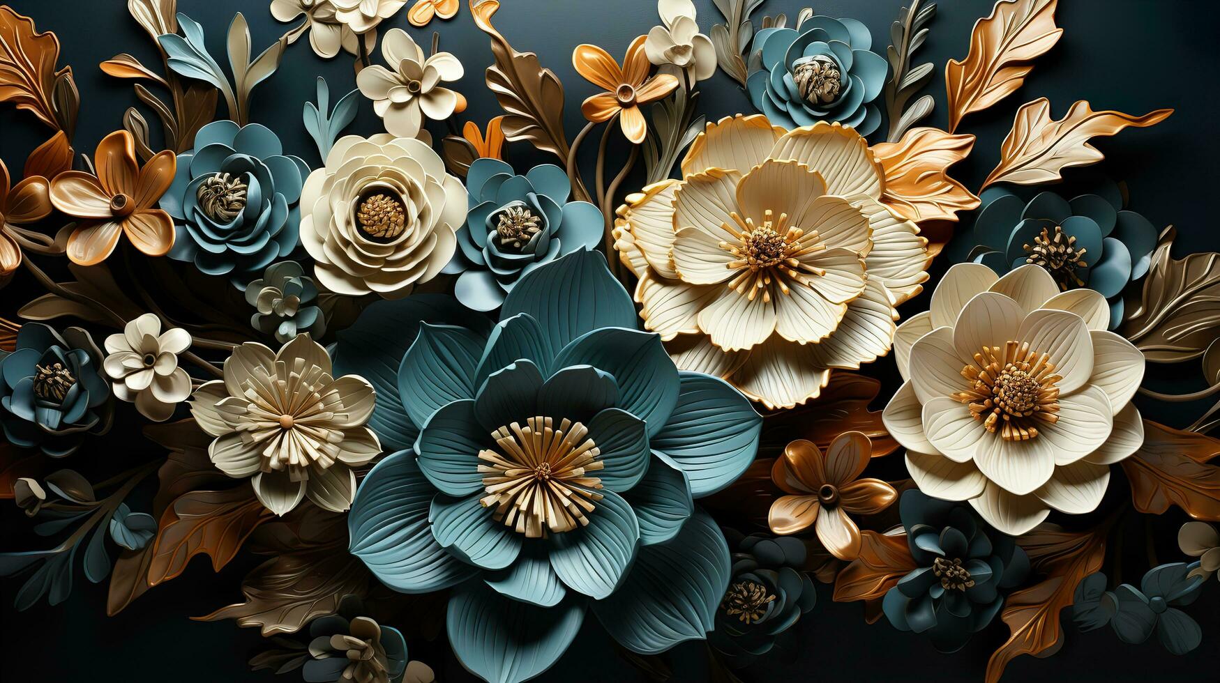 3D Gold Plated Flower in Cyan Blue Aesthetic Background AI Generated photo