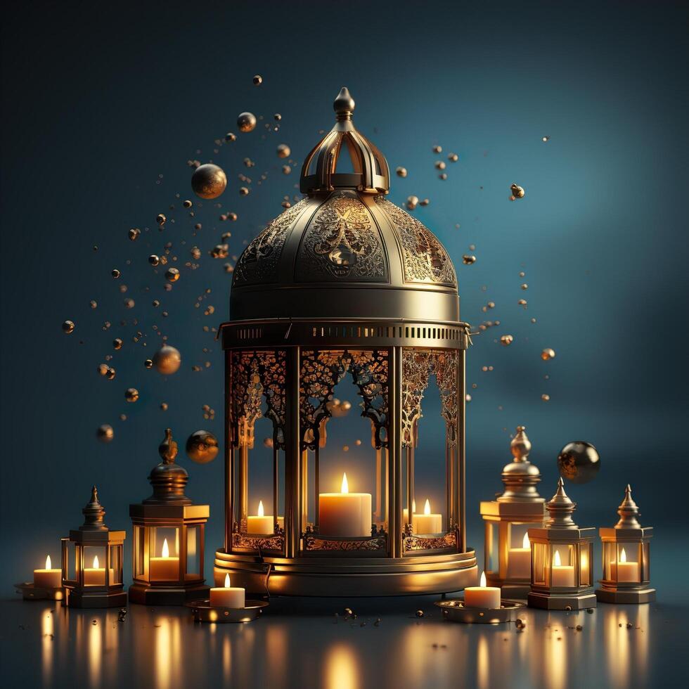3D Mosque Islamic pattern background with hanging lanterns photo