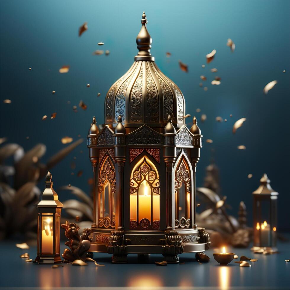 3D Mosque Islamic pattern background with hanging lanterns photo
