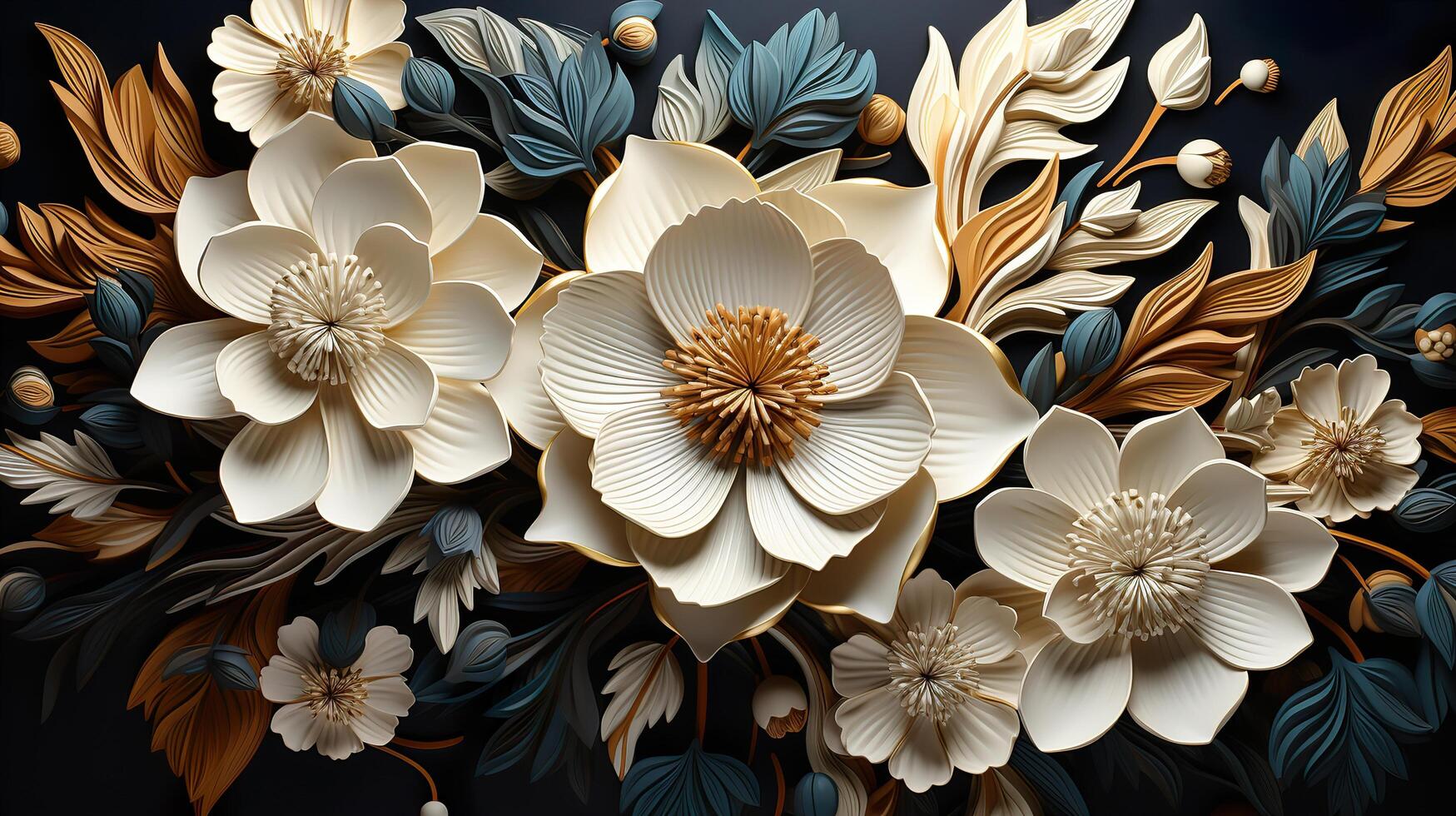 3D Gold Plated Flower in Cyan Blue Aesthetic Background photo