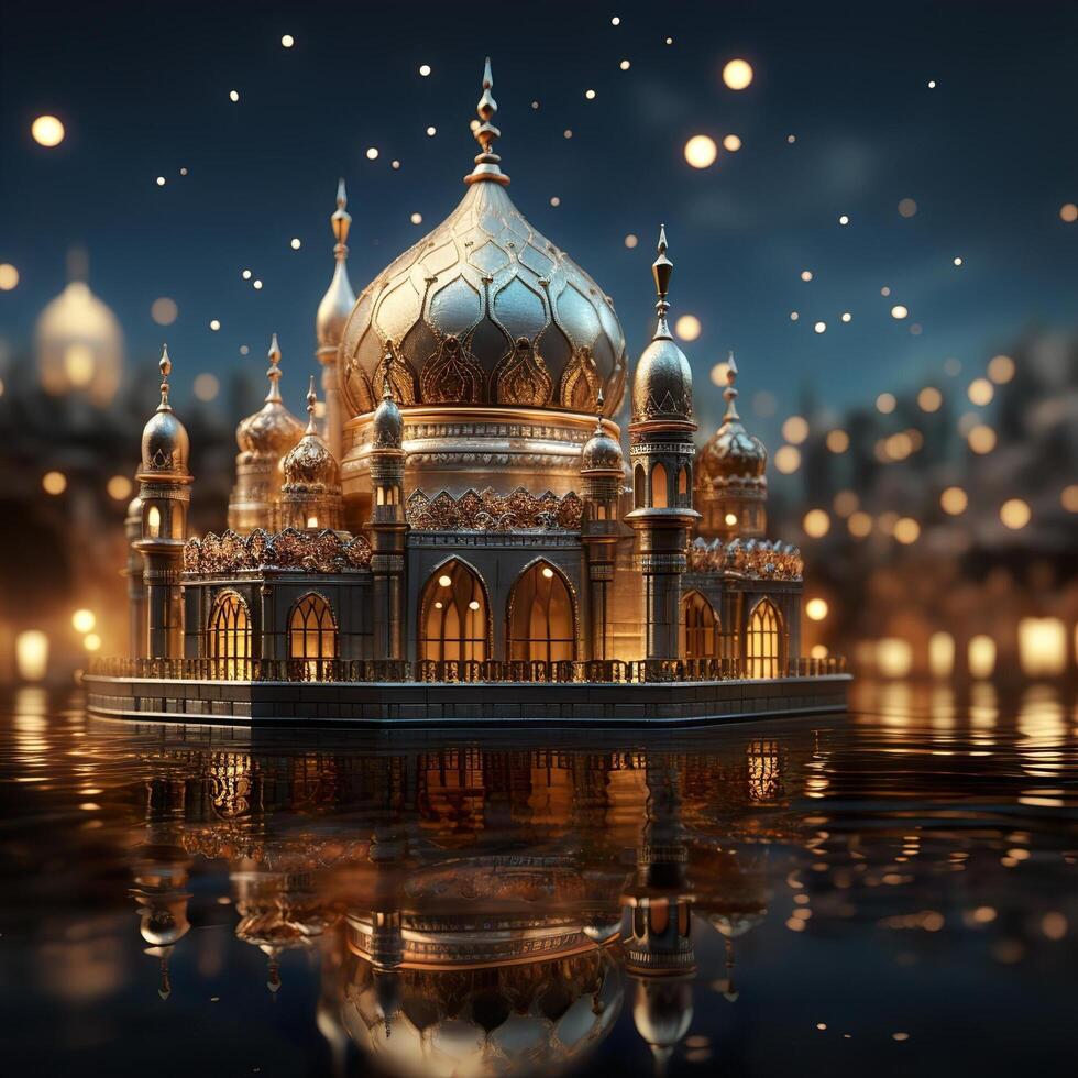 3D Mosque Islamic pattern background with hanging lanterns photo