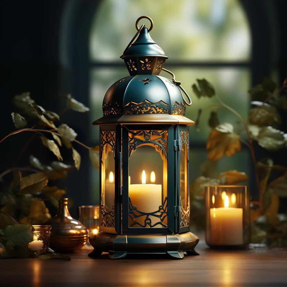 3D Mosque Islamic pattern background with hanging lanterns photo