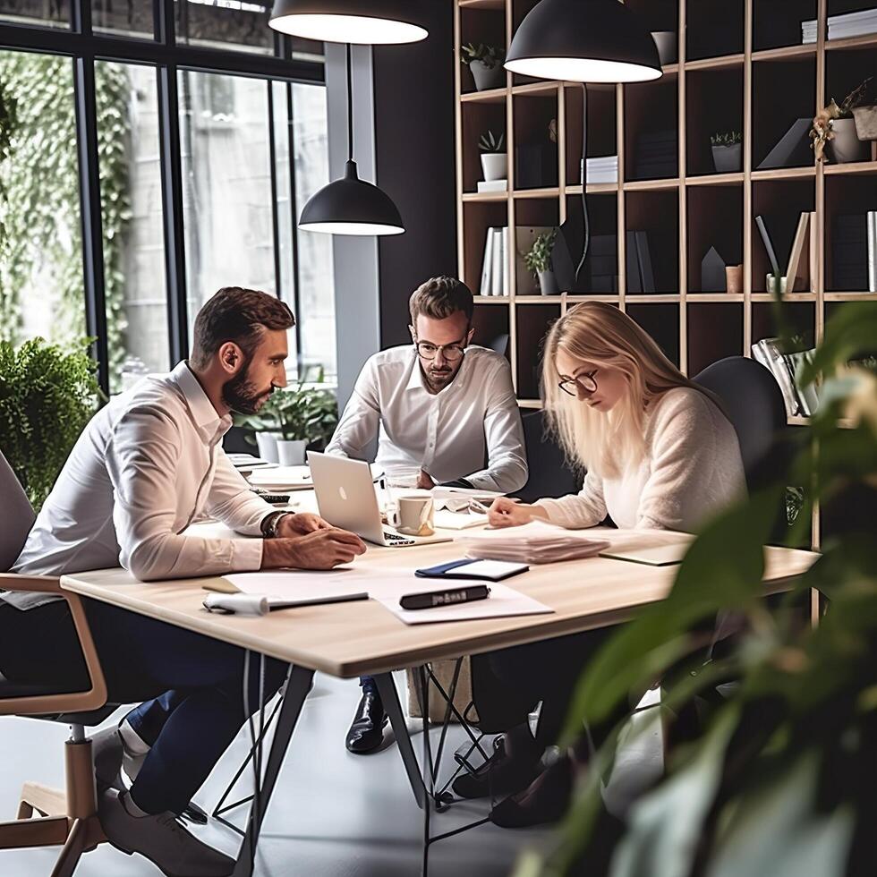 multiétnico negocio personas trabajando juntos en el oficina ai generado foto