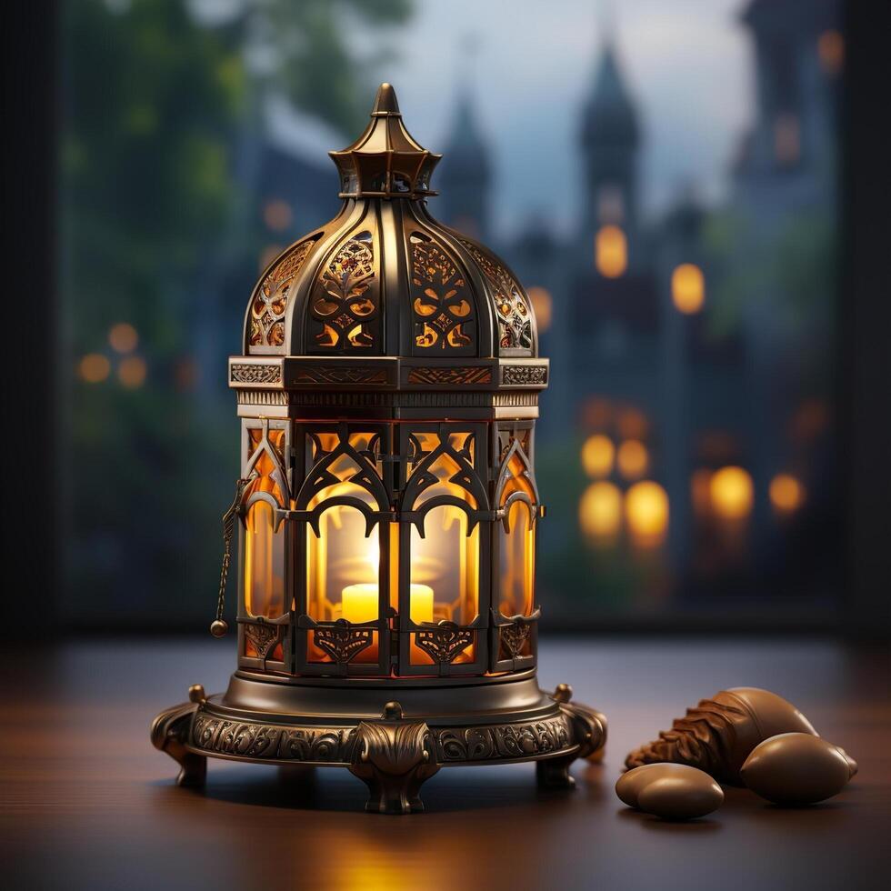 3D Mosque Islamic pattern background with hanging lanterns photo