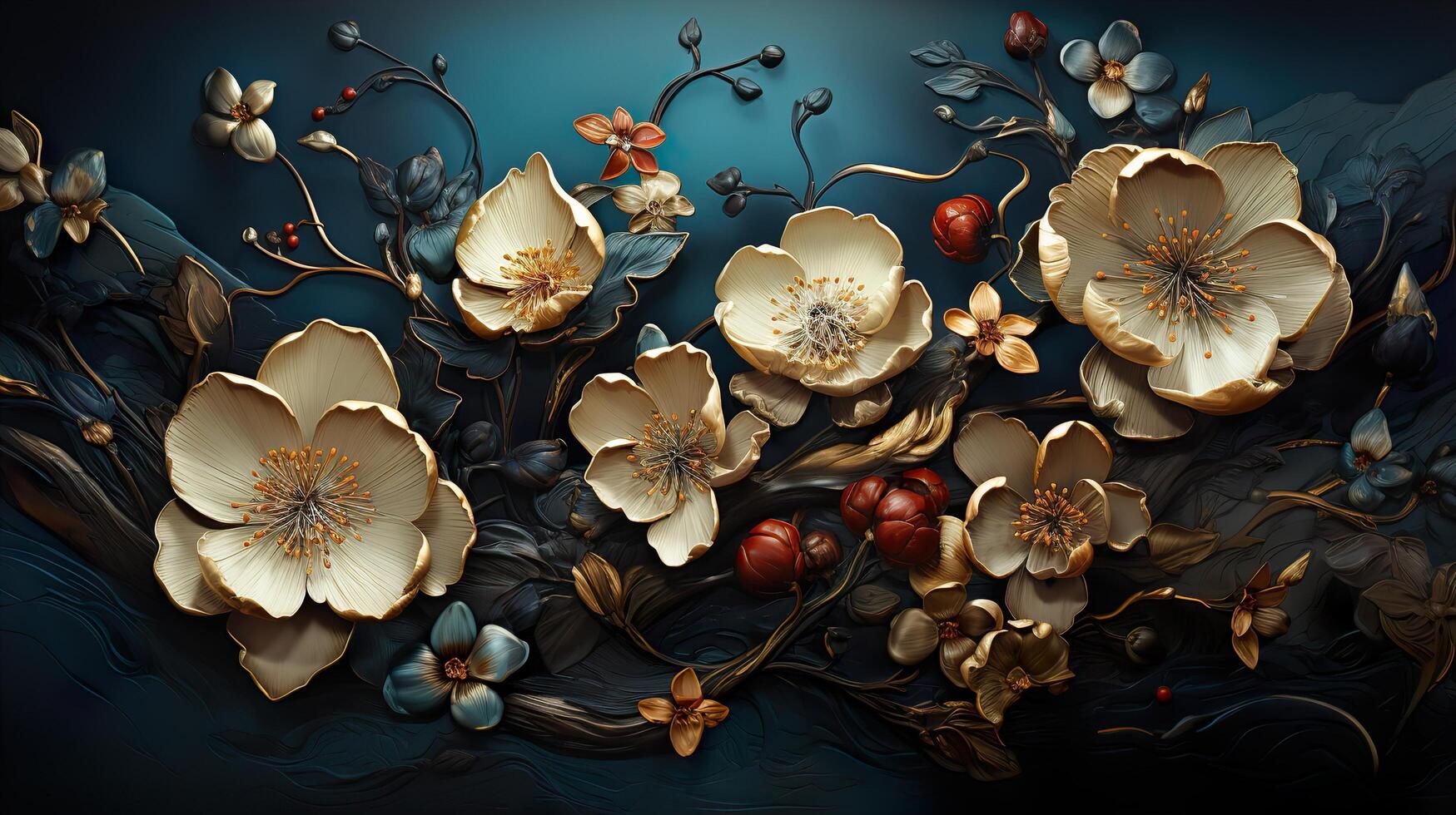 3D Gold Plated Flower in Cyan Blue Aesthetic Background photo