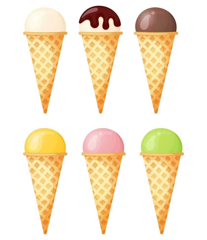 Ice cream balls in a waffle cones collection vector