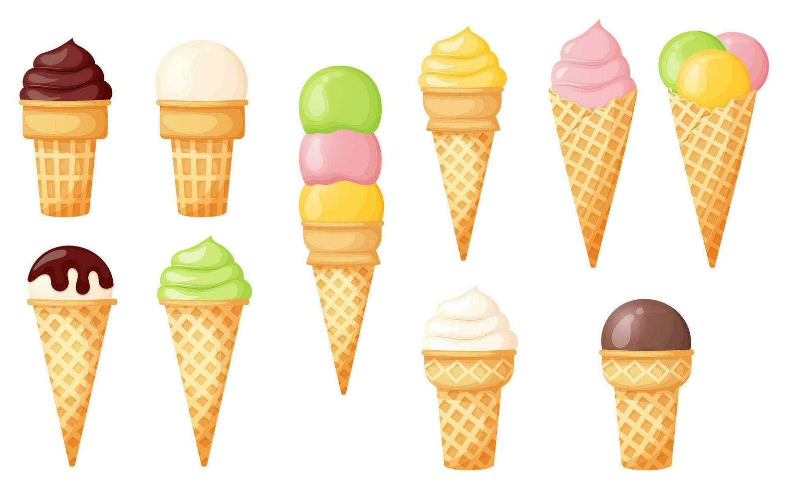 Ice cream in a different shape waffle cones vector