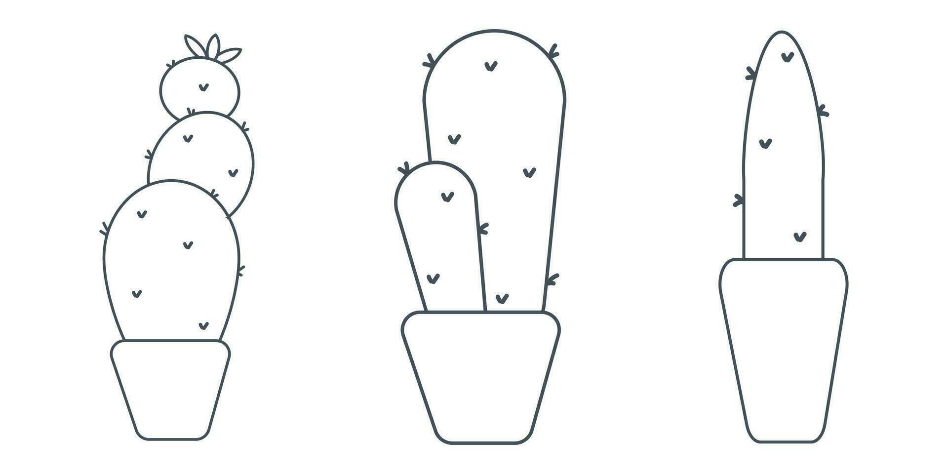 cactus needles pot line doodle set elements vector